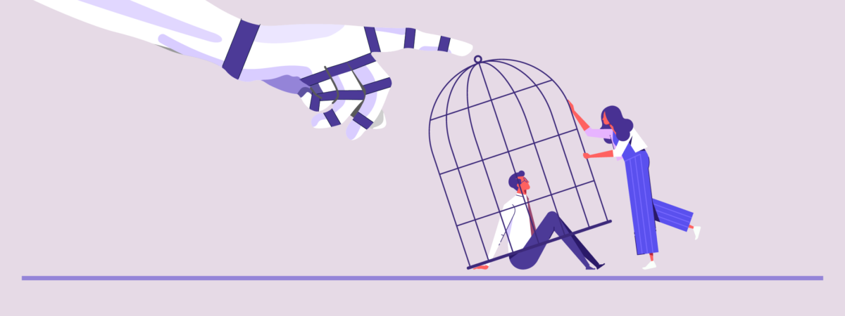 Light purple background with robot hand reaching towards a cage with pharmacist inside and a pharmacist outside trying to help him