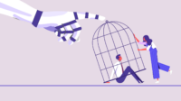 Light purple background with robot hand reaching towards a cage with pharmacist inside and a pharmacist outside trying to help him