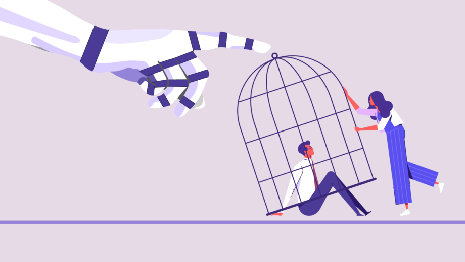 Light purple background with robot hand reaching towards a cage with pharmacist inside and a pharmacist outside trying to help him