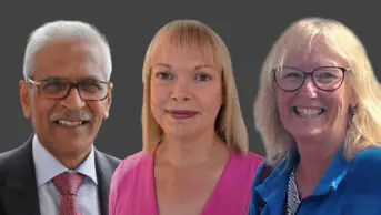 Headshot style images of Mahendra Patel, Liz Hallett and Catriona Sinclair smiling in front of a grey background