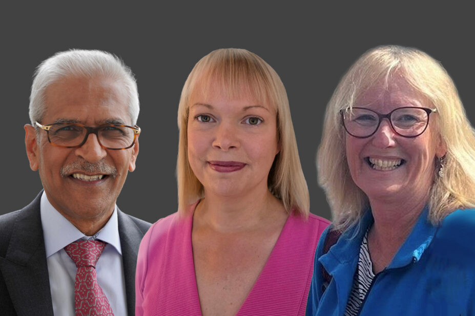 Headshot style images of Mahendra Patel, Liz Hallett and Catriona Sinclair smiling in front of a grey background