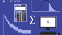 Dark purple background with Sum greek symbol, calculator, syringe and p=0.013, graph with steps and bell curve, number 6