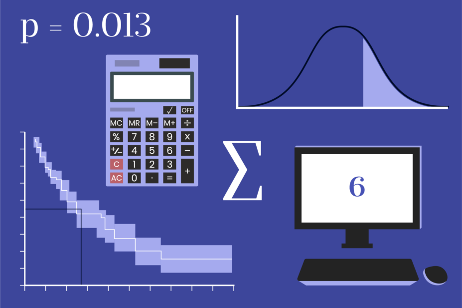 Dark purple background with Sum greek symbol, calculator, syringe and p=0.013, graph with steps and bell curve, number 6