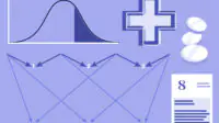 Light purple background with bell curve, pharmacy cross, white pills, document with '8' written on it and node diagram