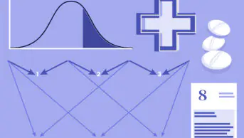 Light purple background with bell curve, pharmacy cross, white pills, document with '8' written on it and node diagram