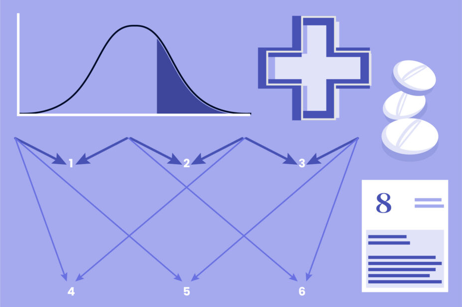 Light purple background with bell curve, pharmacy cross, white pills, document with '8' written on it and node diagram
