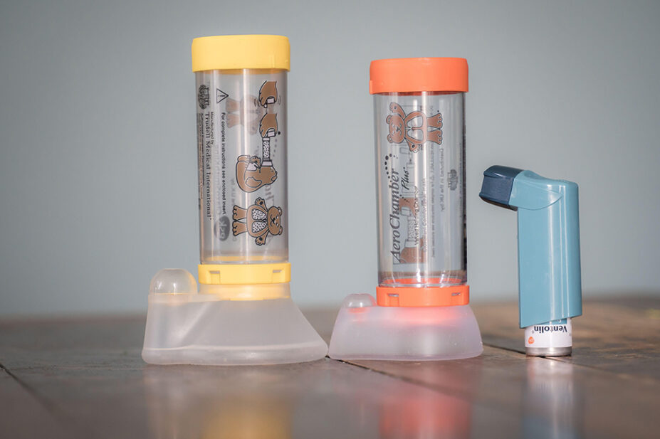 Ventolin inhaler and Aerochamber spacers (child and infant); commonly prescribed medication for asthma treatment