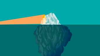 Turquoise ocean with top of iceberg visible and an orange spotlight from the left illuminating it. There remains a lot of iceberg that is invisible beneath the surface