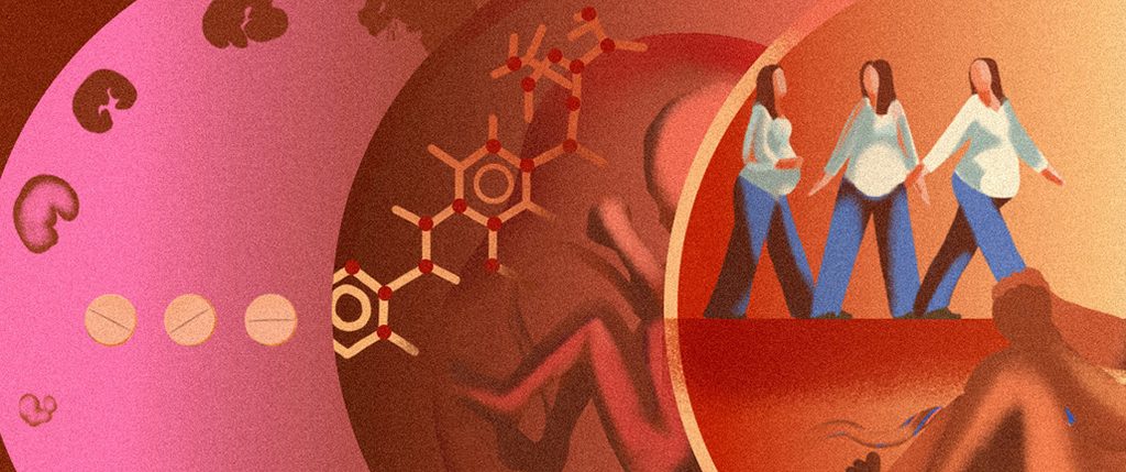 Detail of: background from red to yellow to green. Within four circles are embryos, a baby in hands and folic acid molecular structure