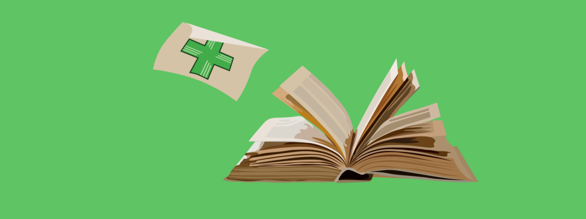 Green background with book open and pages floating away, one has the pharmacy cross logo on it