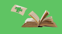 Green background with book open and pages floating away, one has the pharmacy cross logo on it