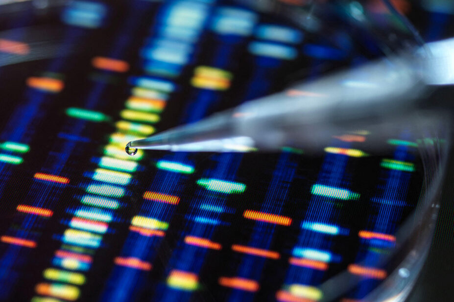 Genomic Research, Scientist holding a DNA sample in a vial with the profile results on screen in the lab