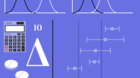 Purple background with bell curves, calculator, white pills, theta symbol, error bars and '10'