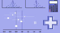 Light purple background with forest plot and funnel plot – no bias and bias, calculator and pharmacy cross and number '11' in white