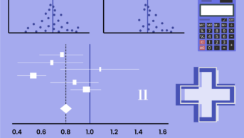 Light purple background with forest plot and funnel plot – no bias and bias, calculator and pharmacy cross and number '11' in white