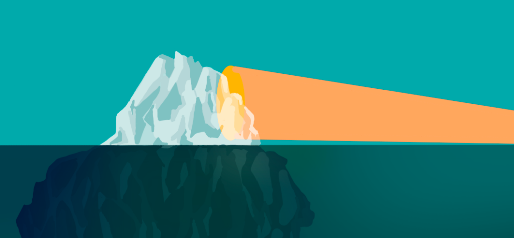 Zoomed in version of: turquoise ocean with top of iceberg visible and an orange spotlight from the left illuminating it. There remains a lot of iceberg that is invisible beneath the surface