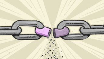 Silver chain with a section as a broken pink pill splitting in half. Beige brown background