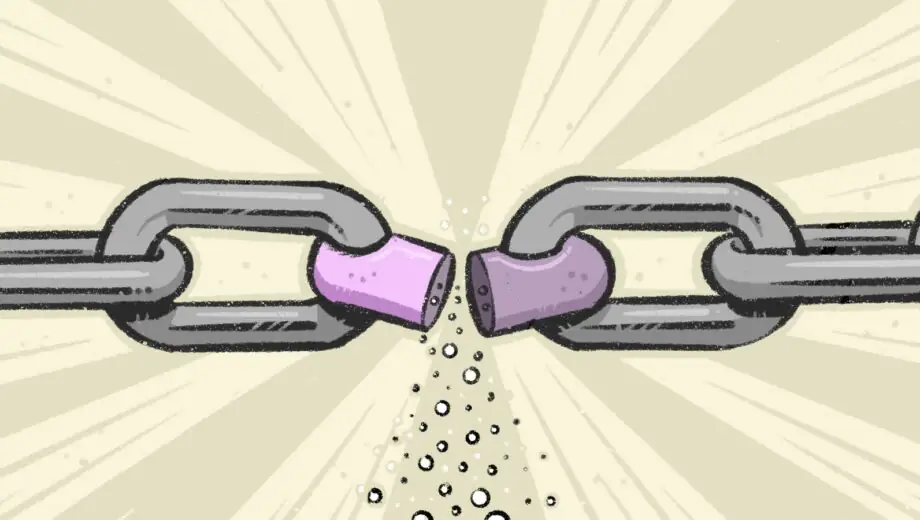 Silver chain with a section as a broken pink pill splitting in half. Beige brown background