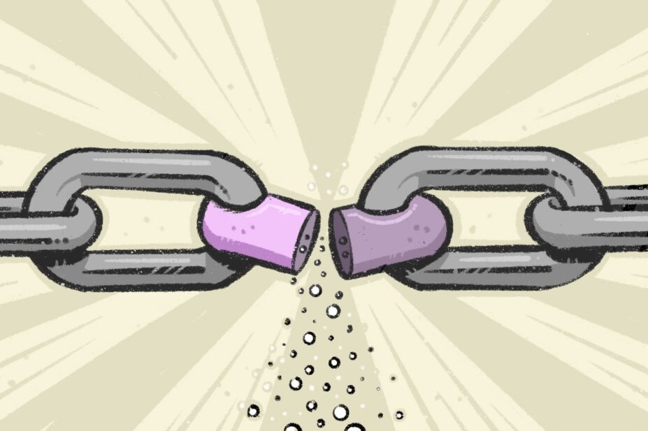 Silver chain with a section as a broken pink pill splitting in half. Beige brown background