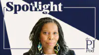 Navy background with white spotlight image across page falling on to Tase Oputu's face and shoulders. Word 