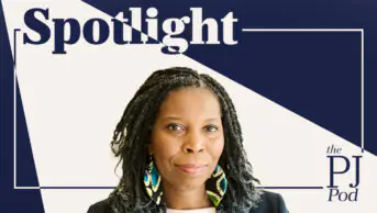 Navy background with white spotlight image across page falling on to Tase Oputu's face and shoulders. Word 