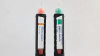 A close-up of injections containing rapid-acting Insulin (NovoRapid) (left) and long-acting insulin (Levemir). Photo credit should read: Katie Collins/EMPICS/Alamy