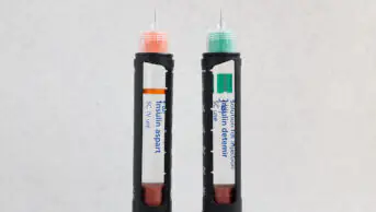 A close-up of injections containing rapid-acting Insulin (NovoRapid) (left) and long-acting insulin (Levemir). Photo credit should read: Katie Collins/EMPICS/Alamy