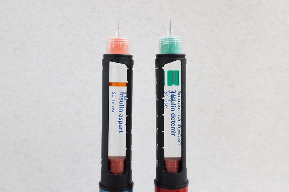 A close-up of injections containing rapid-acting Insulin (NovoRapid) (left) and long-acting insulin (Levemir). Photo credit should read: Katie Collins/EMPICS/Alamy